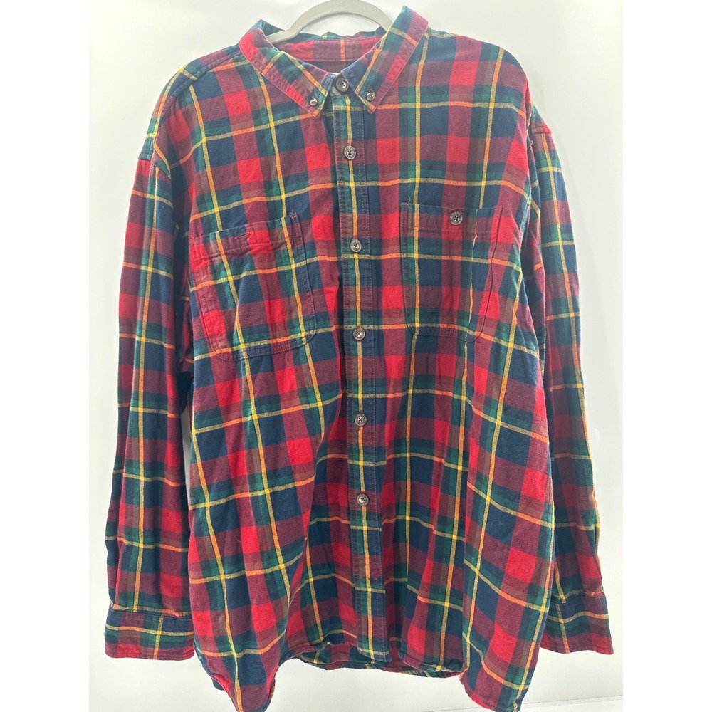 Duluth Trading Co Mens 2XL Relaxed Fit Plaid Flannel Shirt Red Green Button Down
